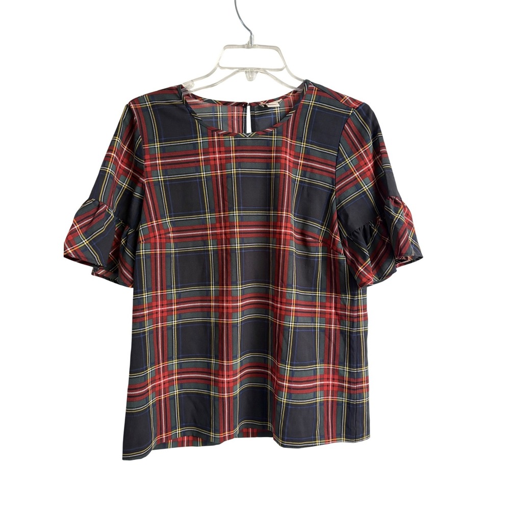 J.Crew Women Plaid Ruffle Sleeve Blouse Red Black Green Stewart Tartan XS Preppy